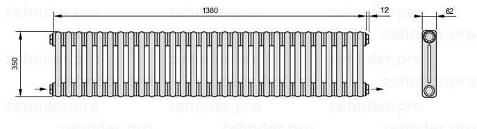 Схема (чертеж) Радиатор Zehnder Charleston 2035/30 №2670 Белый глянцевый RAL 9016
